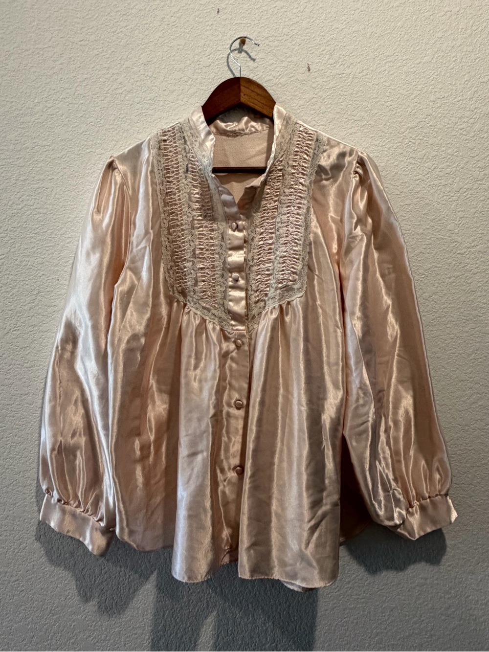 Vintage satin blouse baby pink white dainty lace long sleeve top